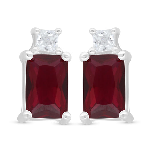 Sterling Silver 925 Earring Rhodium Plated Embedded With Ruby Corundum And White Zircon