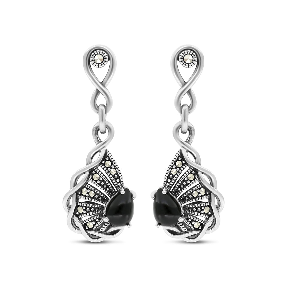 Sterling Silver 925 Earring Embedded With Natural Black Agate And Marcasite Stones