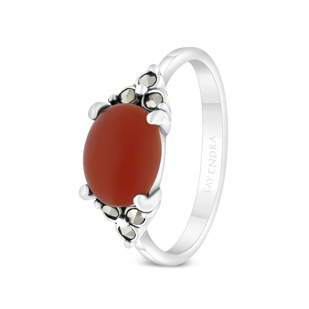 Sterling Silver 925 Ring Embedded With Natural Aqiq And Marcasite Stones