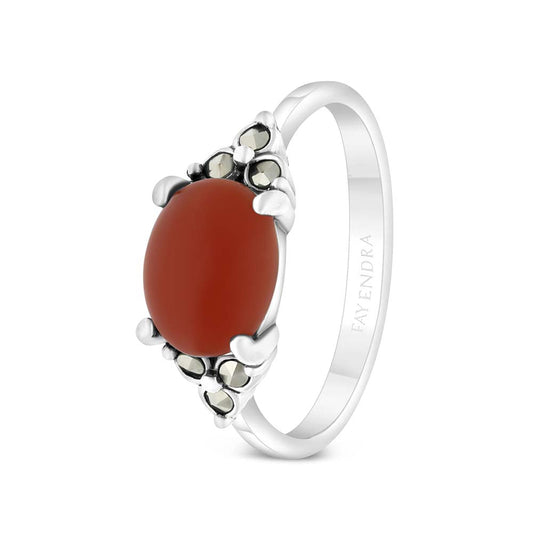 Sterling Silver 925 Ring Embedded With Natural Aqiq And Marcasite Stones