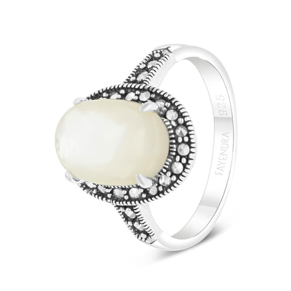 Sterling Silver 925 Ring Embedded With Natural White Shell And Marcasite Stones