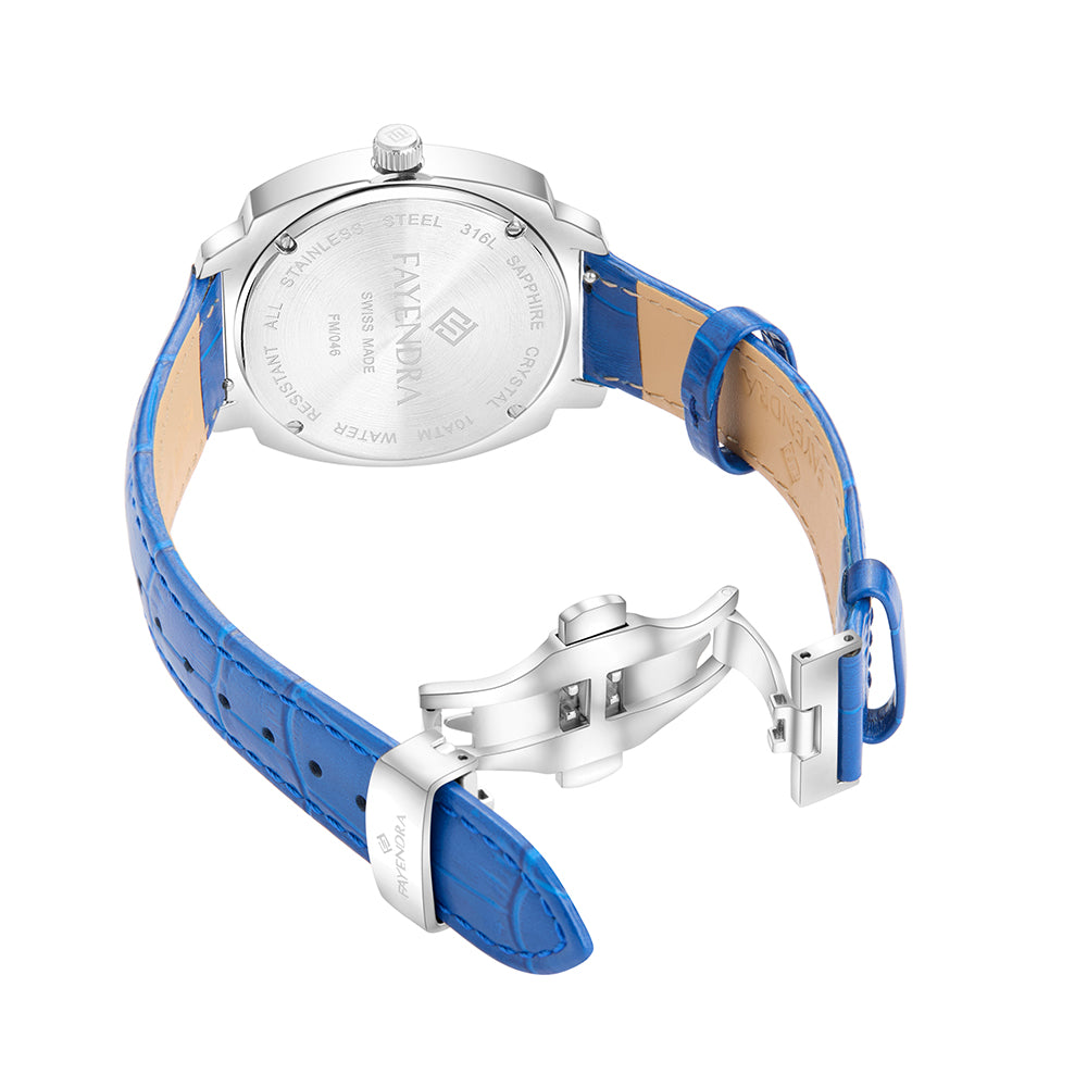 ساعة رجالي ستانلس ستيل عيار  L316 بلون فضي جلد ازرق - مينا معدنية باللون الازرق