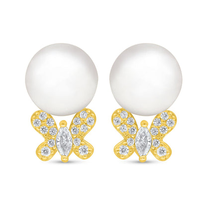 Sterling Silver 925 Earring Golden Plated Embedded With Natural White Pearl And Diamond Zircon And White Zircon