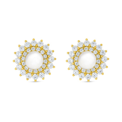 Sterling Silver 925 Earring Golden Plated Embedded With Natural White Pearl And White Zircon