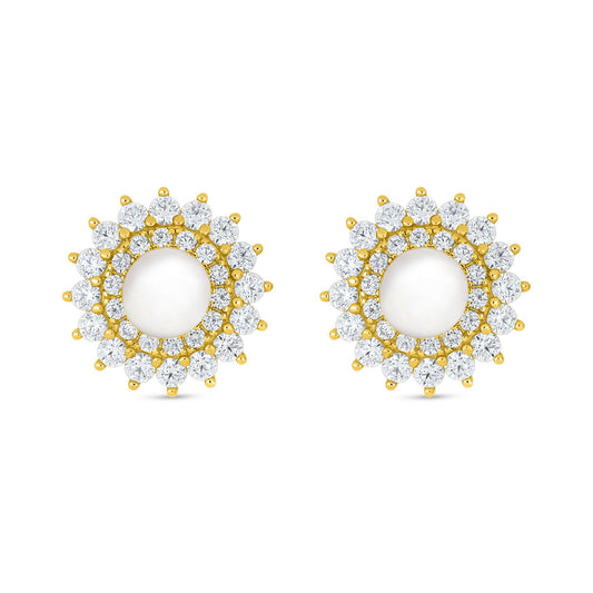 Sterling Silver 925 Earring Golden Plated Embedded With Natural White Pearl And White Zircon