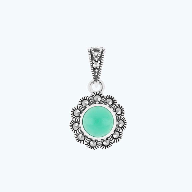 Sterling Silver 925 Pendant Embedded With Natural Green Agate And Marcasite Stones