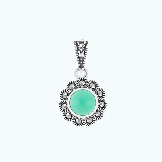 Sterling Silver 925 Pendant Embedded With Natural Green Agate And Marcasite Stones