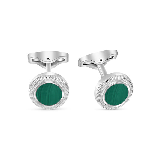 Stainless Steel Cufflink 316L Silver Color Embedded With Malachite Shiny Steel