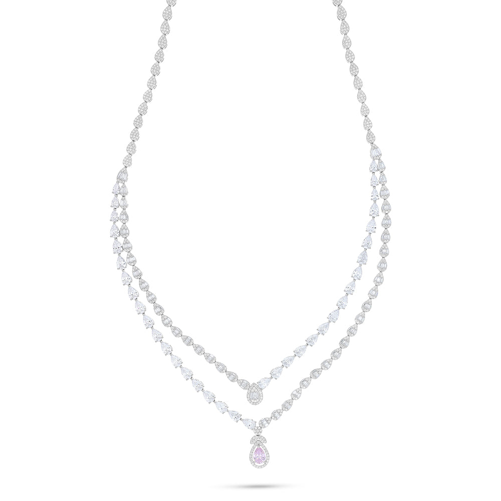 Sterling Silver 925 Set Rhodium Plated Embedded With Pink Zircon And White Zircon