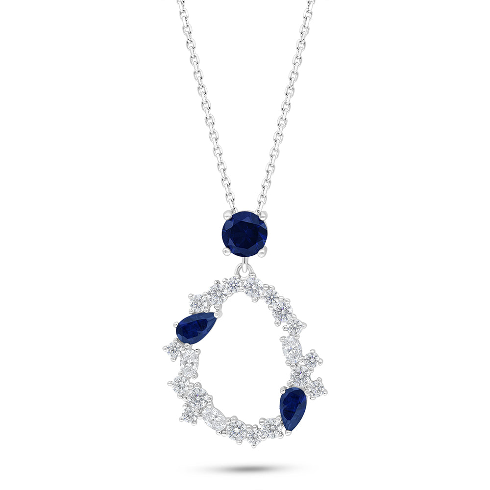 Sterling Silver 925 Necklace Rhodium Plated Embedded With Sapphire Corundum And White Zircon