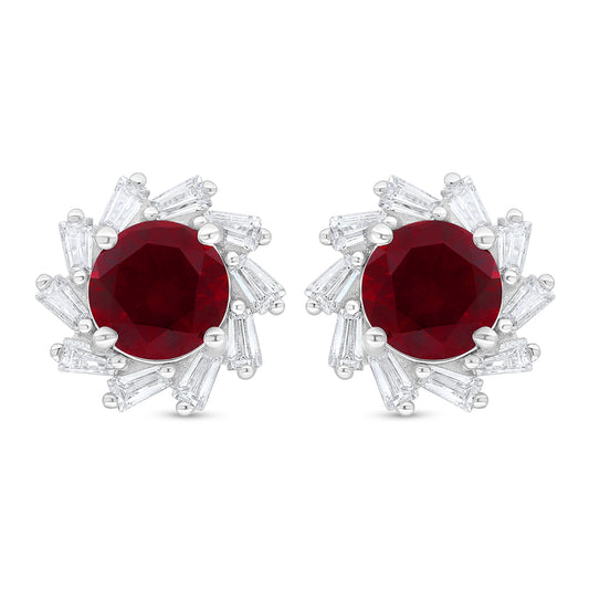 Sterling Silver 925 Earring Rhodium Plated Embedded With Ruby Corundum And White Zircon