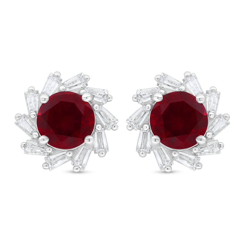 Sterling Silver 925 Earring Rhodium Plated Embedded With Ruby Corundum And White Zircon