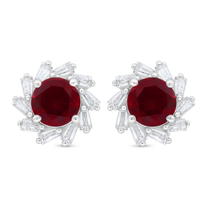 Sterling Silver 925 Earring Rhodium Plated Embedded With Ruby Corundum And White Zircon