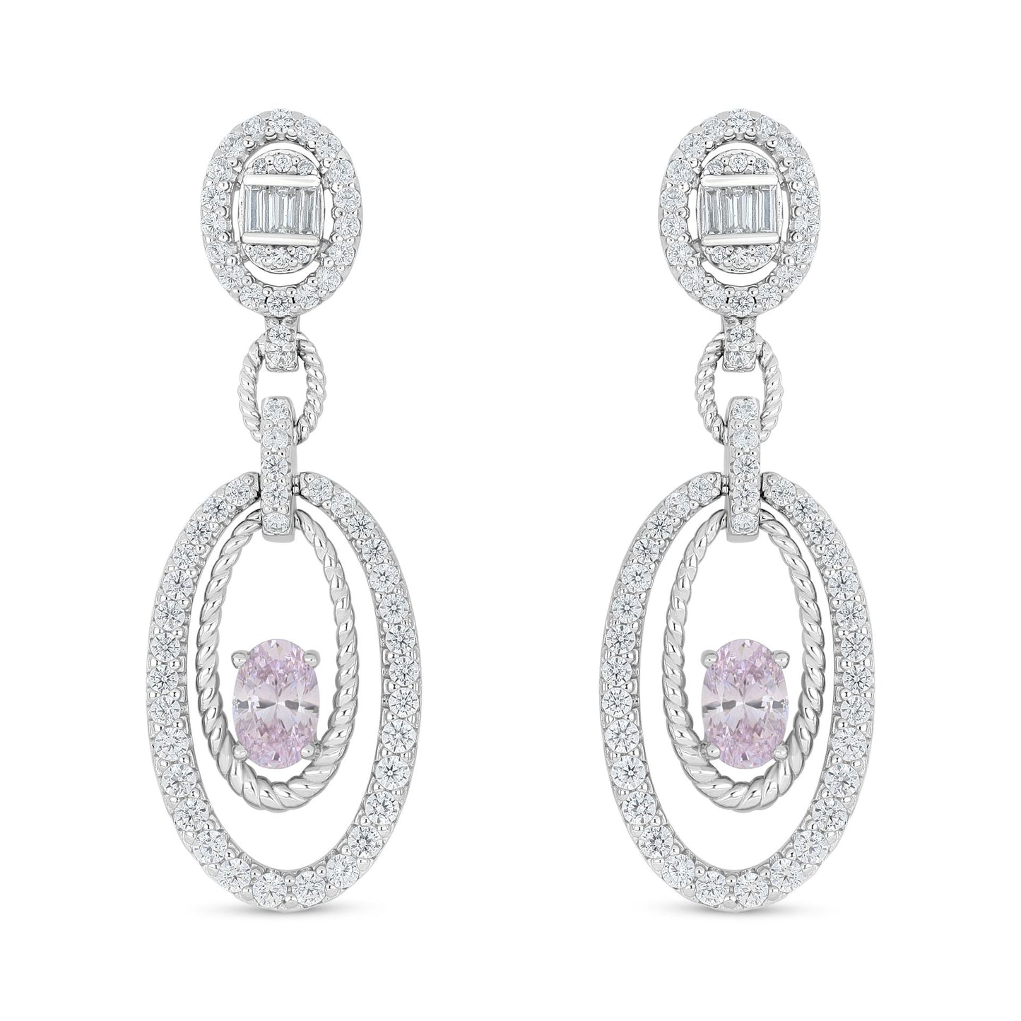Sterling Silver 925 Earring Rhodium Plated Embedded With Pink Zircon And White Zircon
