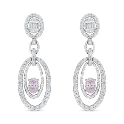 Sterling Silver 925 Earring Rhodium Plated Embedded With Pink Zircon And White Zircon