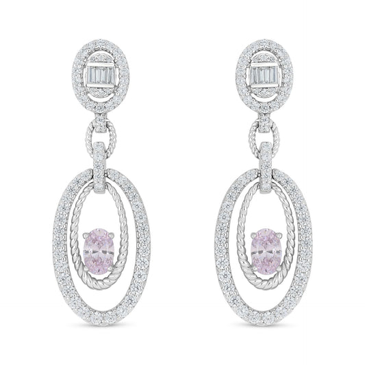 Sterling Silver 925 Earring Rhodium Plated Embedded With Pink Zircon And White Zircon