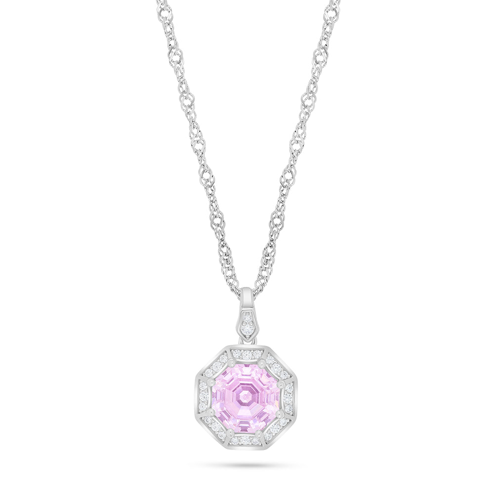 Sterling Silver 925 Necklace Rhodium Plated Embedded With Pink Zircon And White Zircon