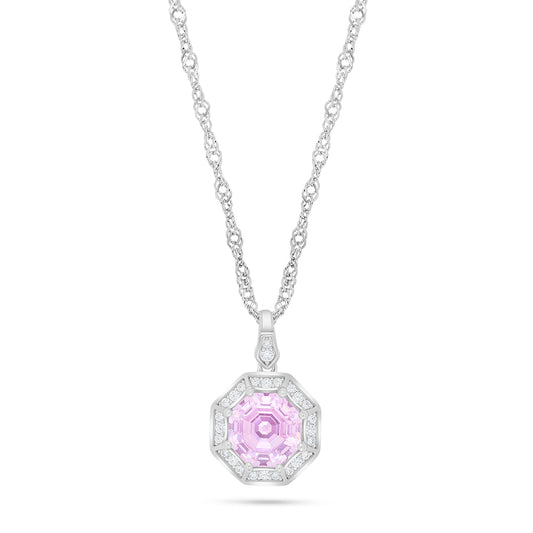 Sterling Silver 925 Necklace Rhodium Plated Embedded With Pink Zircon And White Zircon