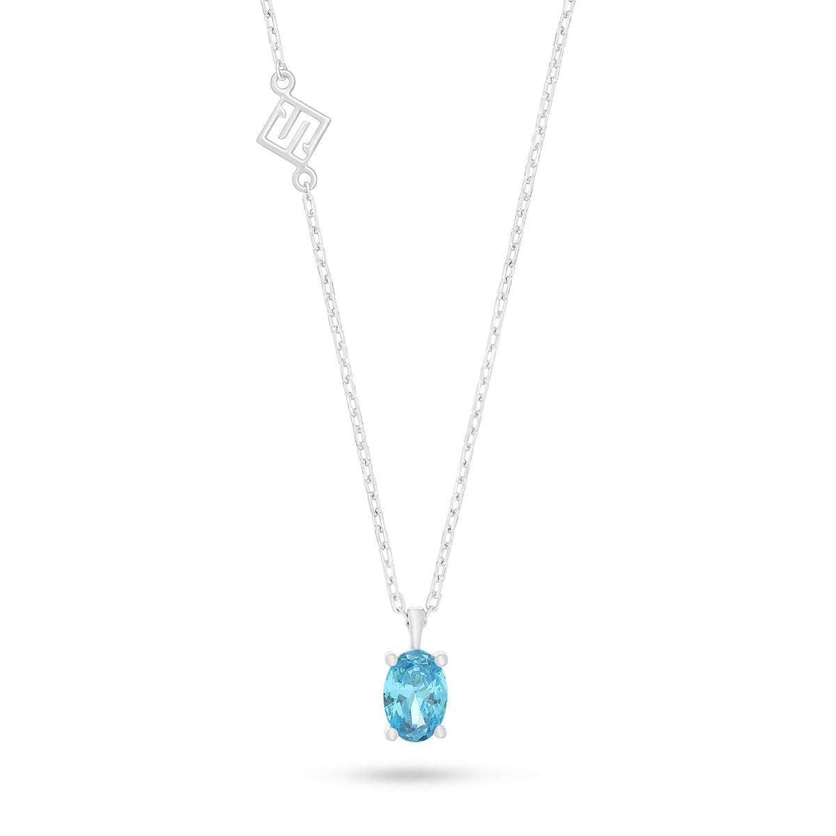 Sterling Silver 925 Necklace Rhodium Plated Embedded With Aqua Zircon Color And White Zircon