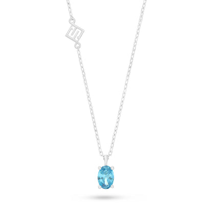 Sterling Silver 925 Necklace Rhodium Plated Embedded With Aqua Zircon Color And White Zircon