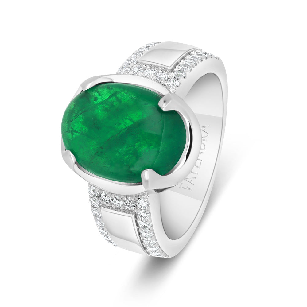 Sterling Silver 925 Men Ring Rhodium Plated Embedded With Natural Emerald And Natural Diamond (CVD)