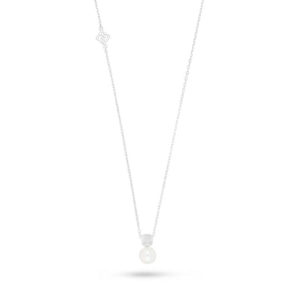 Sterling Silver 925 Necklace Rhodium Plated Embedded With Natural White Pearl And White Zircon