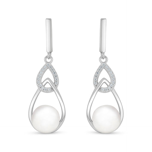 Sterling Silver 925 Earring Rhodium Plated Embedded With Natural White Pearl And White Zircon