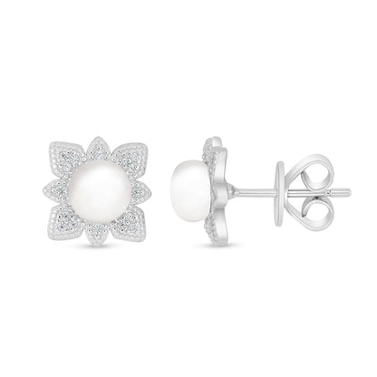 Sterling Silver 925 Earring Rhodium Plated Embedded With Natural White Pearl And White Zircon