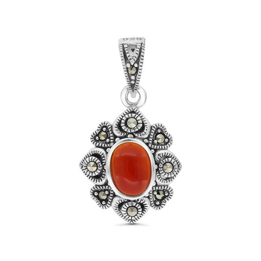 Sterling Silver 925 Pendant Embedded With Natural Aqiq And Marcasite Stones