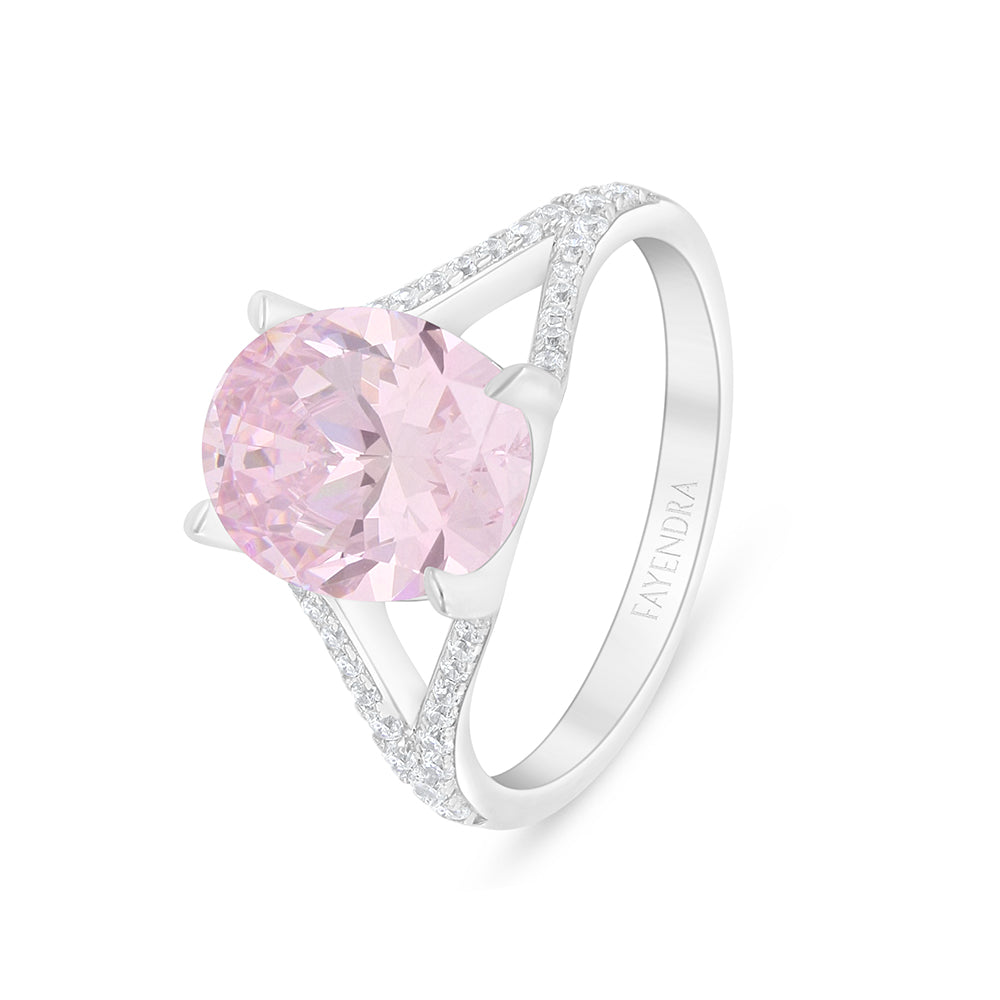 Sterling Silver 925 Ring Rhodium Plated Embedded With Pink Zircon And White Zircon