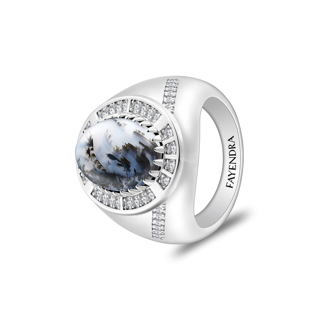 خاتم رجالي من الفضة الخالصة عيار 925 مطلي روديوم مرصع احجار عقيق مشجر طبيعي كابشون و فص ابيض