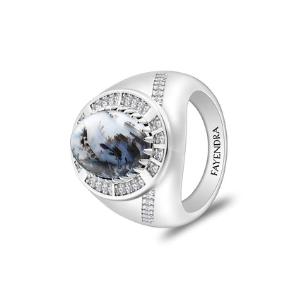 خاتم رجالي من الفضة الخالصة عيار 925 مطلي روديوم مرصع احجار عقيق مشجر طبيعي كابشون و فص ابيض