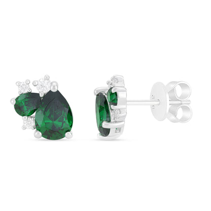 Sterling Silver 925 Earring Rhodium Plated Embedded With Emerald Zircon And White Zircon