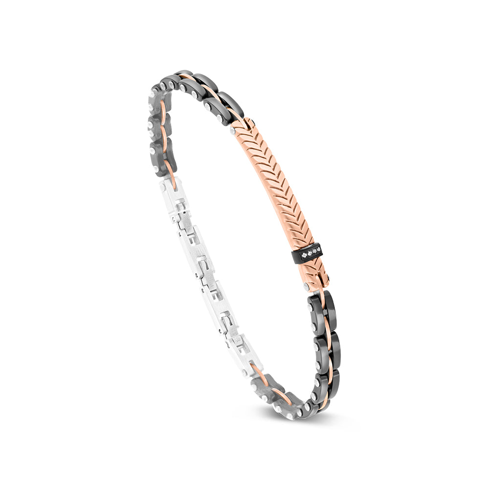 Stainless Steel Bracelet, Rhodium And Black And Rose Gold Plated And Ceramic Embedded With White CZ 316L For Men