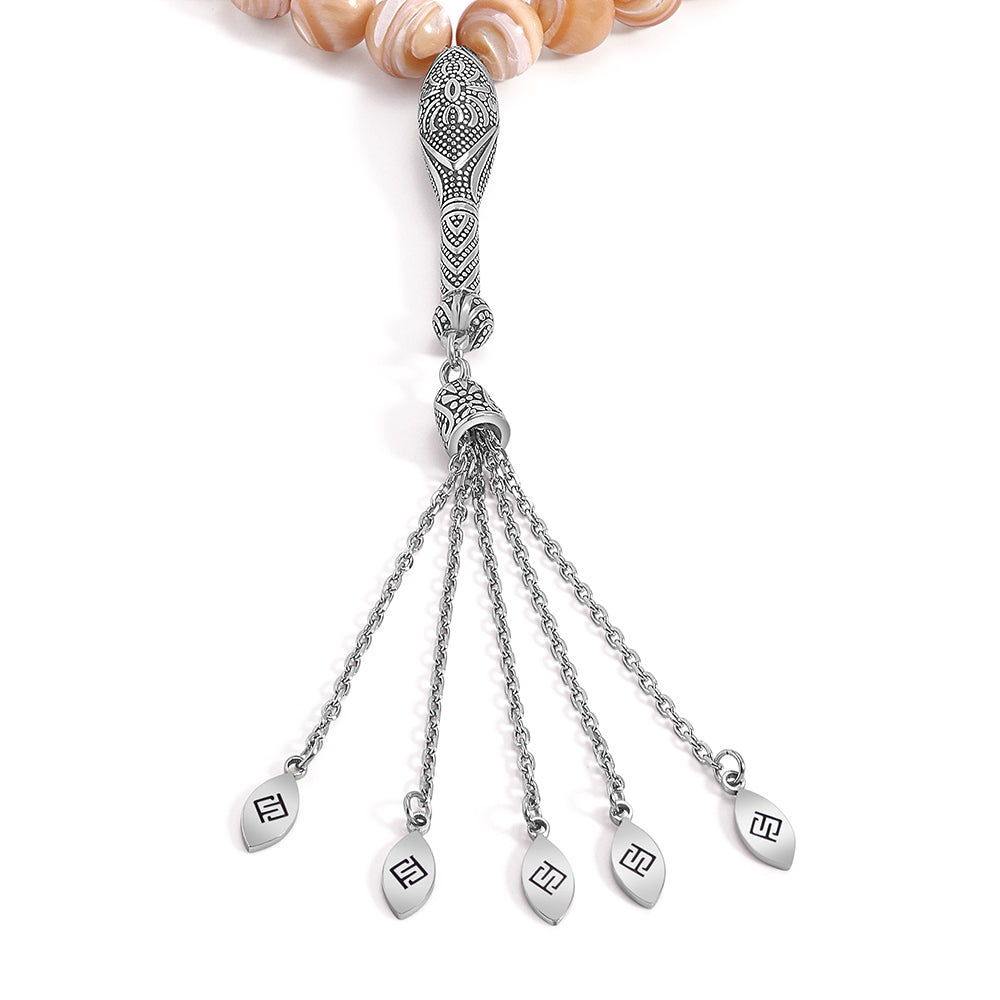 سبحة 33 احجار صدف ابيض كراميل بيلية 11 مم طقم ستانلس ستيل عيار 316L مطلى فضي واسود