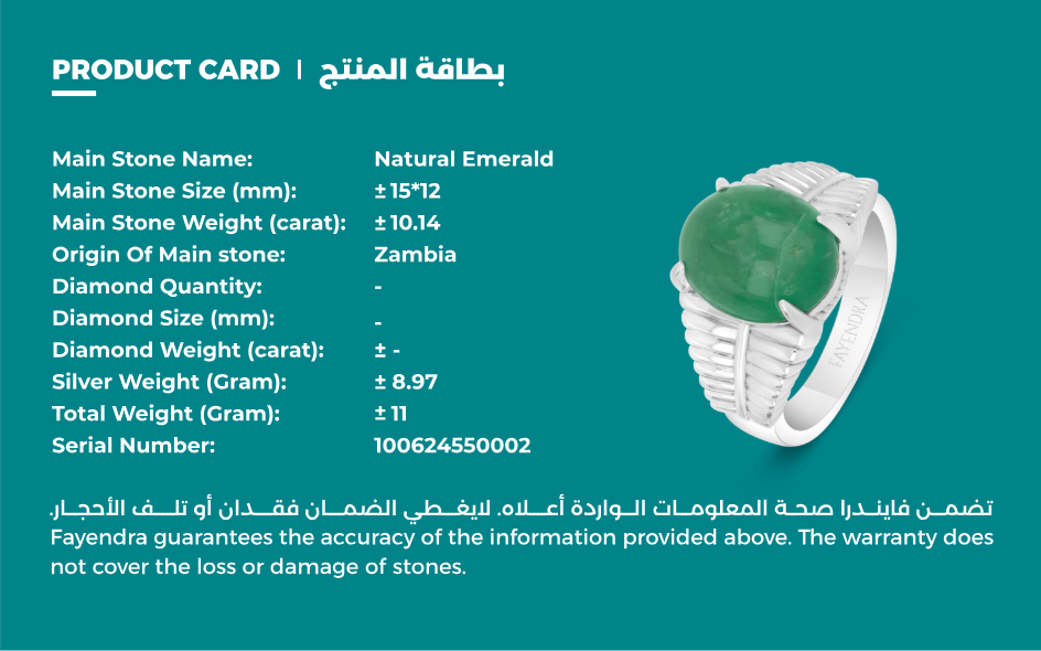 خاتم رجالي من الفضة الخالصة عيار 925 مطلي روديوم مرصع احجار زمرد طبيعي