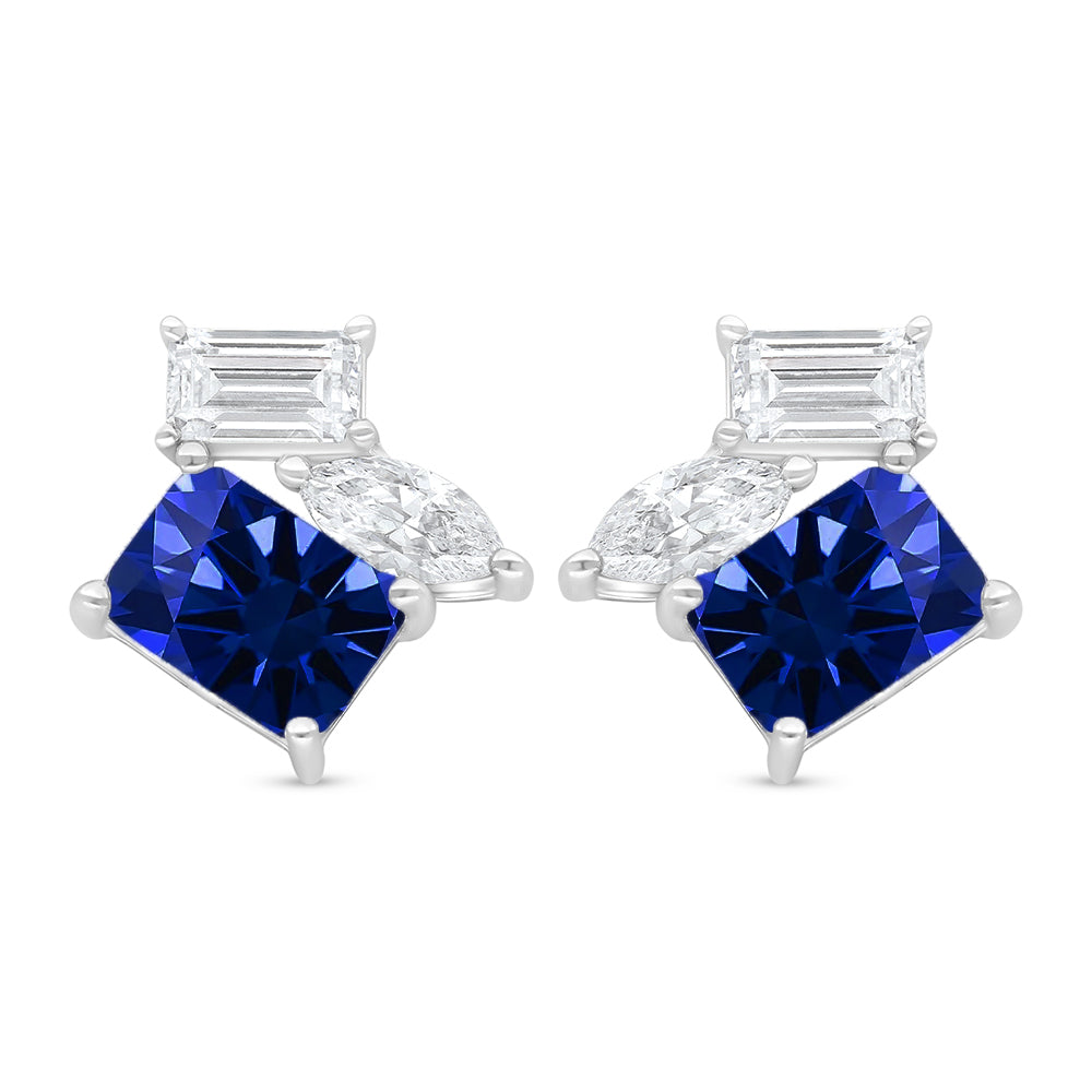Sterling Silver 925 Earring Rhodium Plated Embedded With Sapphire Corundum And White Zircon
