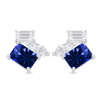 Sterling Silver 925 Earring Rhodium Plated Embedded With Sapphire Corundum And White Zircon