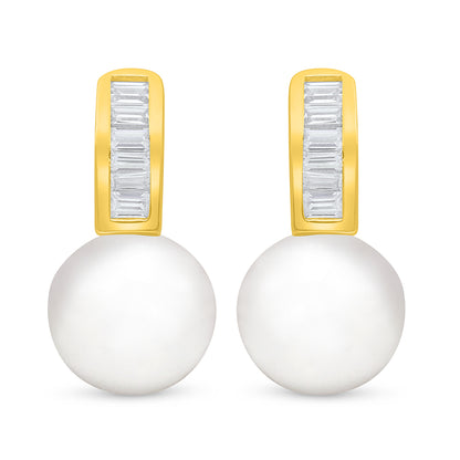 Sterling Silver 925 Earring Golden Plated Embedded With Natural White Pearl And White Zircon