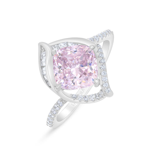 Sterling Silver 925 Ring Rhodium Plated Embedded With Pink Zircon And White Zircon