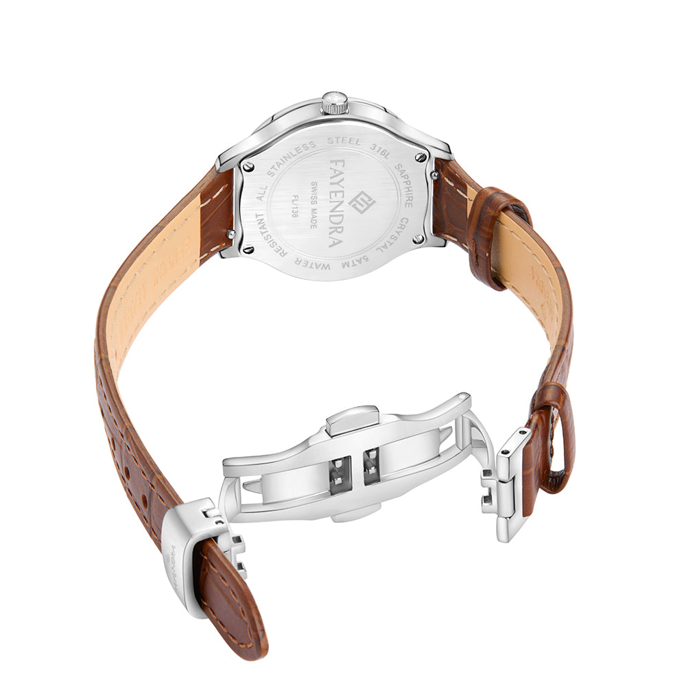 ساعة ستانلس ستيل عيار  L316 بلون فضي جلد بني - مينا حجر صدف ام اللالئ البني