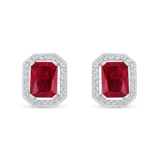 Sterling Silver 925 Earring Rhodium Plated Embedded With Ruby Corundum And White Zircon