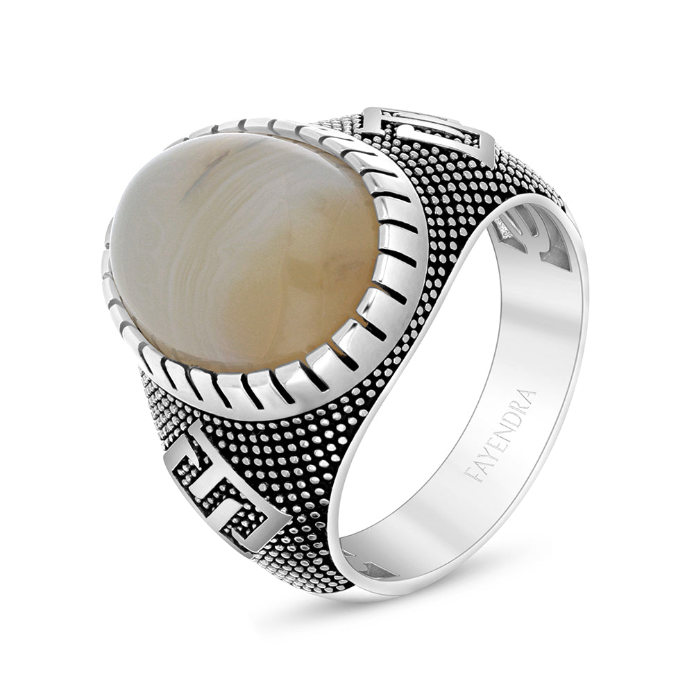Sterling Silver 925 Ring Rhodium And Black Plated Embedded With Cabochon Natural Agate For Men