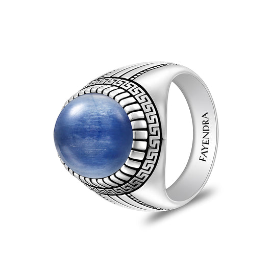 Sterling Silver 925 Ring Rhodium And Black Plated Embedded With Cabochon Natural Kyanite For Men