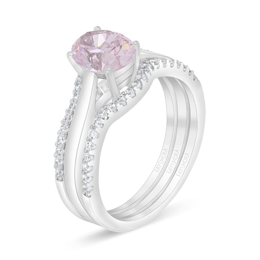 Sterling Silver 925 Ring (3pieces) Rhodium Plated Embedded With Pink Zircon And White Zircon
