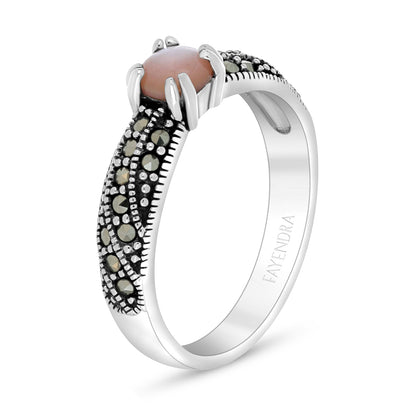 Sterling Silver 925 Ring Embedded With Natural Pink Shell And Marcasite Stones