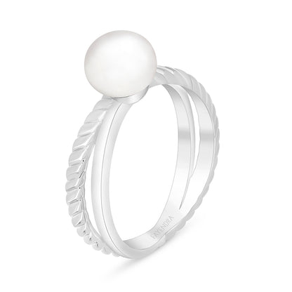 Sterling Silver 925 Ring Rhodium Plated Embedded With Natural White Pearl