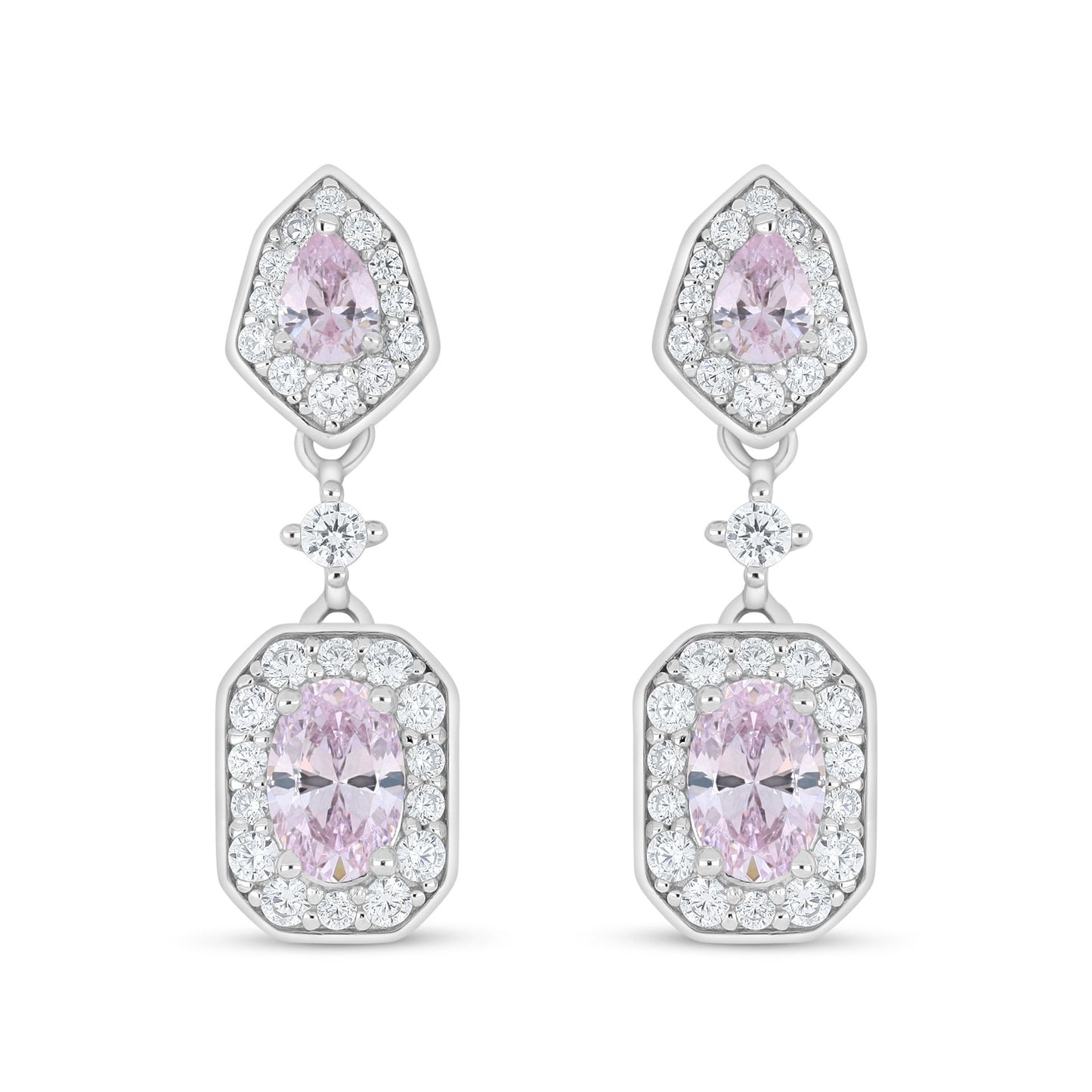 Sterling Silver 925 Earring Rhodium Plated Embedded With Pink Zircon And White Zircon