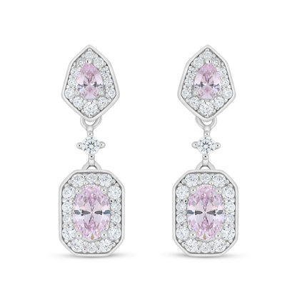 Sterling Silver 925 Earring Rhodium Plated Embedded With Pink Zircon And White Zircon