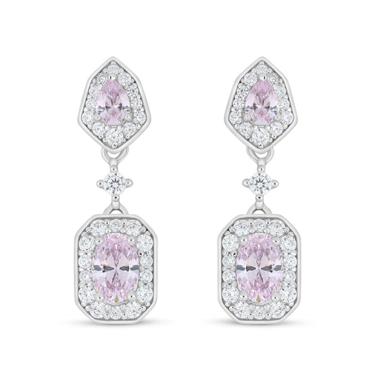 Sterling Silver 925 Earring Rhodium Plated Embedded With Pink Zircon And White Zircon